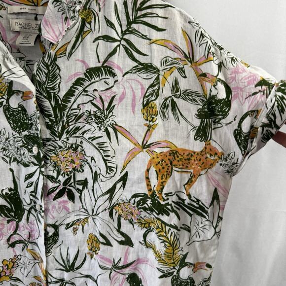 Rachel Zoe Medium 100% Linen Top Jungle Camp Shirt Button Up Tropical Resort - Picture 4 of 7